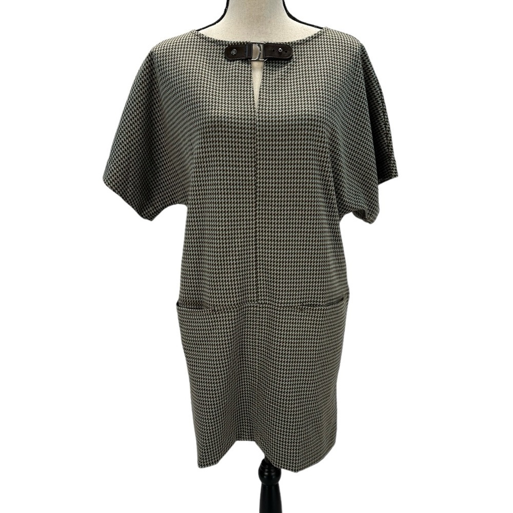 Lauren Ralph Lauren Short Sleeve Buckle Neck Herringbone Mini Dress - Brown Blue